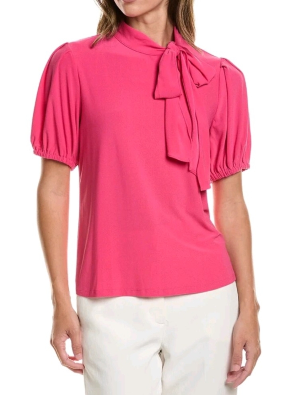 CeCe Bright Pink Tie-Neck Puff Sleeve Top